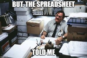 Incompetent office worker complaining about incorrect spreadsheet data.