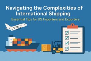 Flat-style illustration of global shipping logistics including a plane, cargo ship, forklift, and checklist clipboard, with the text “Navigating the Complexities of International Shipping – Essential Tips for US Importers and Exporters.”