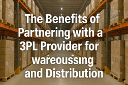 Spacious warehouse aisle lined with organized pallets and orange metal shelving, featuring white text overlay: “The Benefits of Partnering with a 3PL Provider for Warehousing and Distribution.