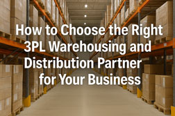Interior of a clean, professional warehouse with tall metal racks stacked with pallets. Bold white text reads “How to Choose the Right 3PL Warehousing and Distribution Partner for Your Business.”