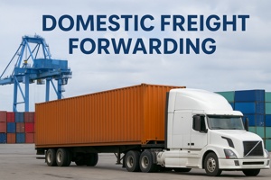 White semi-truck with an orange container parked at a freight yard, with stacked shipping containers and a blue gantry crane in the background, representing U.S. domestic freight services