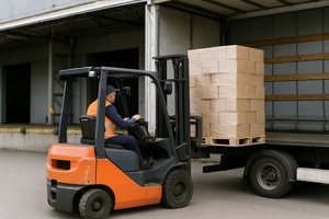 Warehouse worker operating a forklift to load shrink-wrapped pallets of boxes onto a truck at a loading dock, representing domestic freight handling