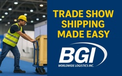 BGI Worldwide Logistics thumbnail featuring trade show booth crates with bold yellow text reading "Trade Show Shipping Made Easy" and the company logo displayed below.