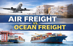 Air freight vs. ocean freight comparison image showing a cargo plane and container ship, used in a logistics blog by BGI Worldwide Logistics about international shipping options.